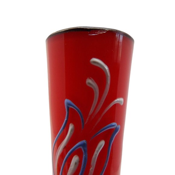 Vintage Hand Blown Red Glass Vase with Hand Painted Enamel Flowers & Cased Metal - Picture 8 of 10